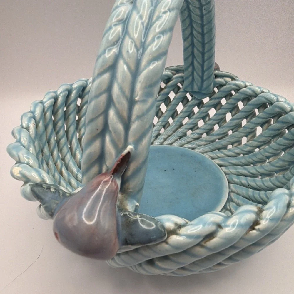 Vtg Spain Woven Ceramic Basket Aqua Blue Applied Fruit Floral Accents